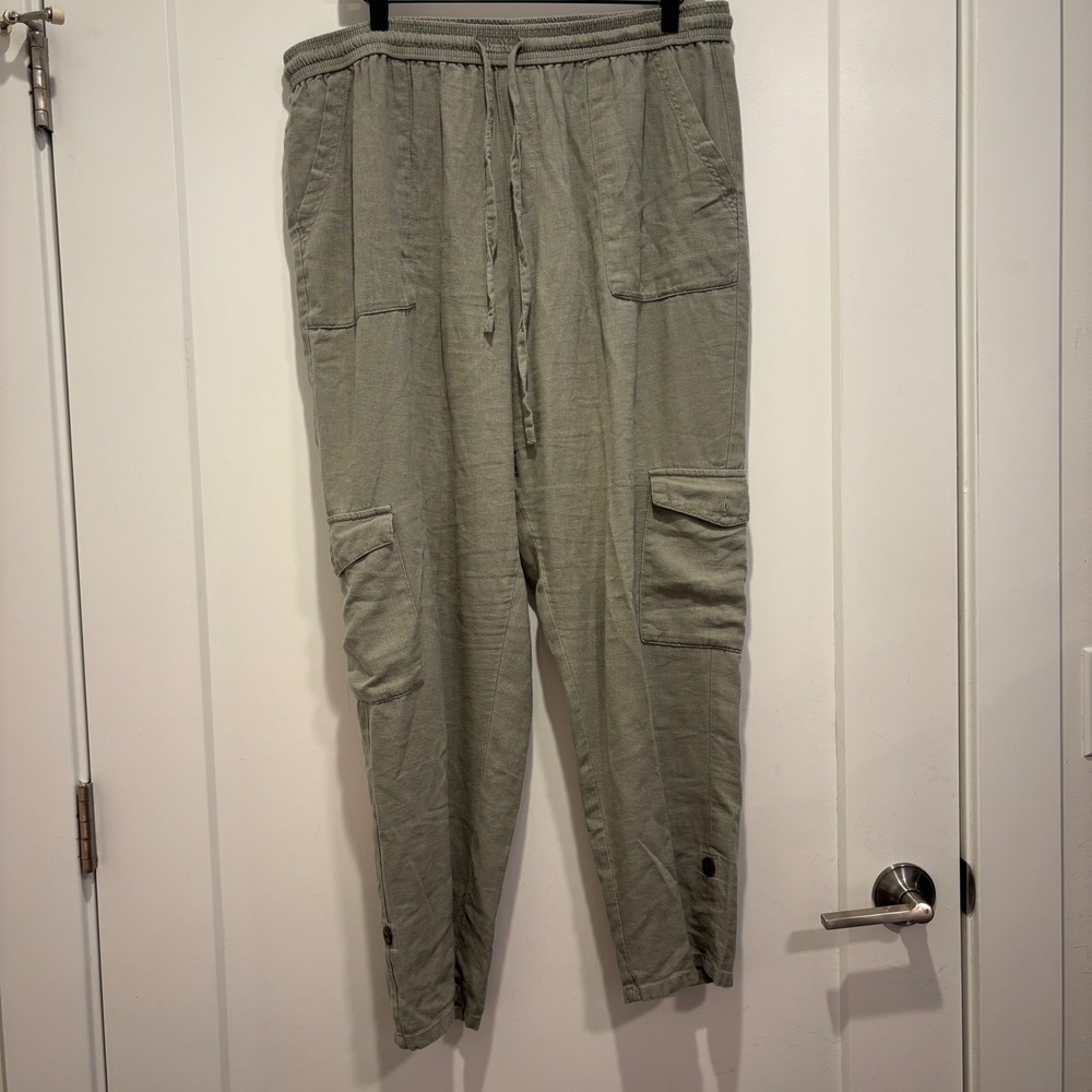 Rewash Brand Mens XL Sage Green Linen Blend Cargo Jogger Pants Elastic Waist